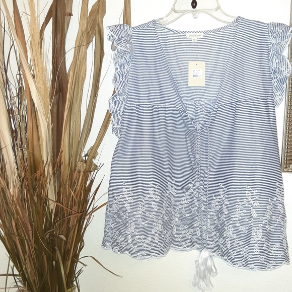 Jennifer & Grace blue striped eyelet flutter sleeve top Sz xl - Picture 2 of 5